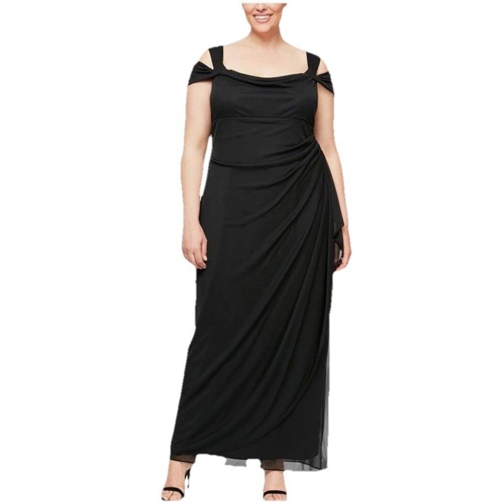 Alex Evenings Plus Size Draped Cold-Shoulder Evening Dress Black Sz 12